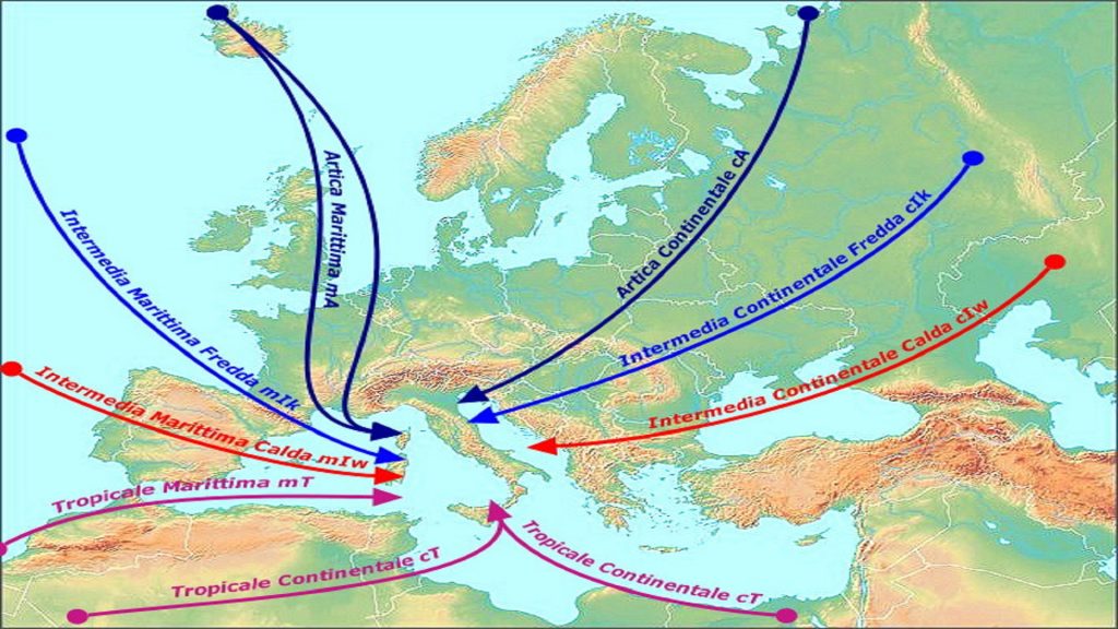 Cartina che rappresenta le varie tipologie di masse d'aria che influenzano il clima in Italia.