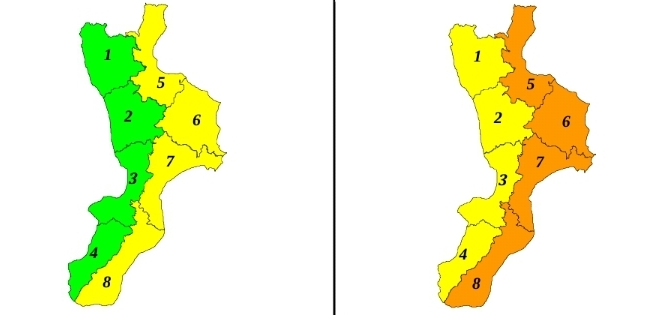 Allerte Meteo Calabria per Mercoledì 4 Dicembre (sx) e Giovedì 5 Dicembre 2019 (dx) Allerte Meteo Calabria per Mercoledì 4 Dicembre (sx) e Giovedì 5 Dicembre 2019 (dx)