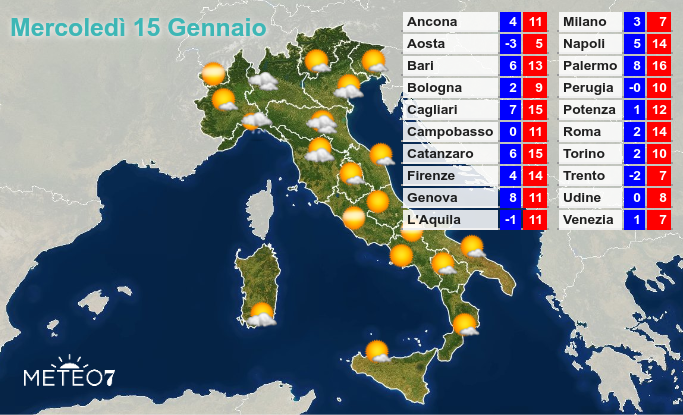 Previsioni Mercoledì 15 Gennaio 2020 Previsioni Mercoledì 15 Gennaio 2020