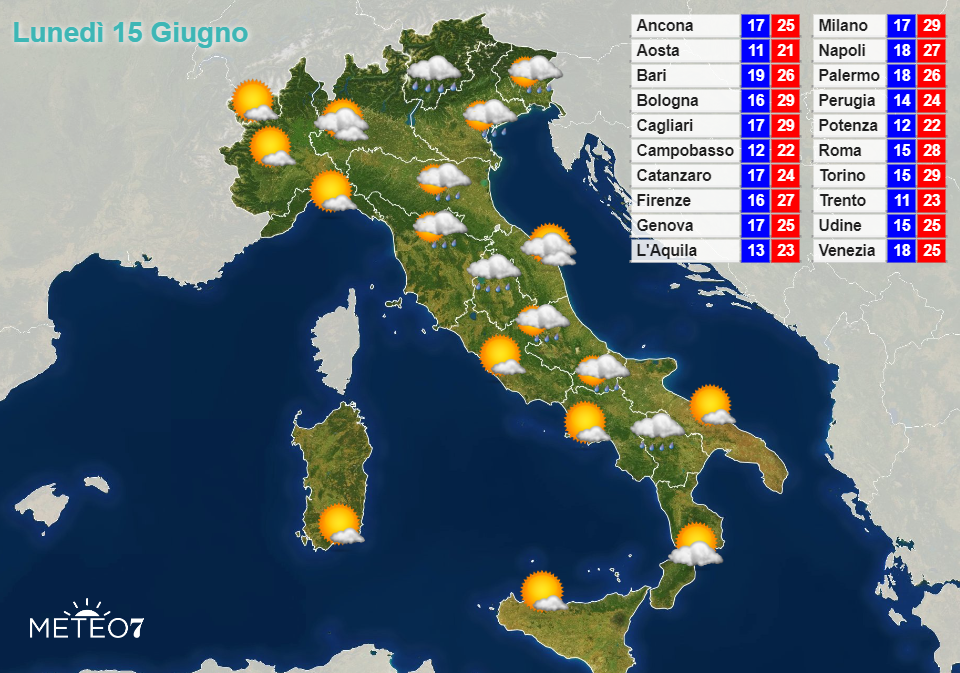 Previsioni Italia Lunedì 15 Giugno 2020