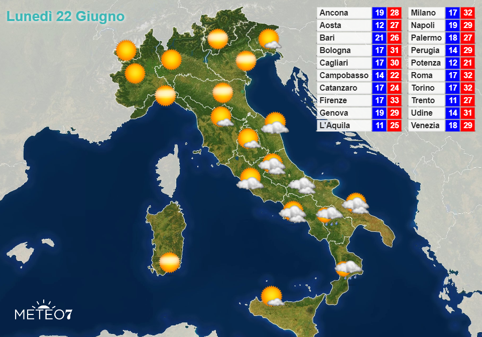 Previsioni Italia Lunedì 22 Giugno 2020 Previsioni Italia Lunedì 22 Giugno 2020
