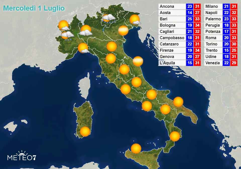 Previsioni Italia Mercoledì 1 Luglio 2020
